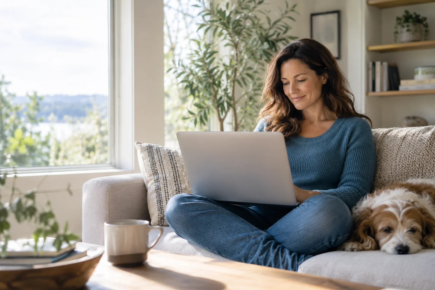 A woman comfortably using her laptop at home in natural daylight